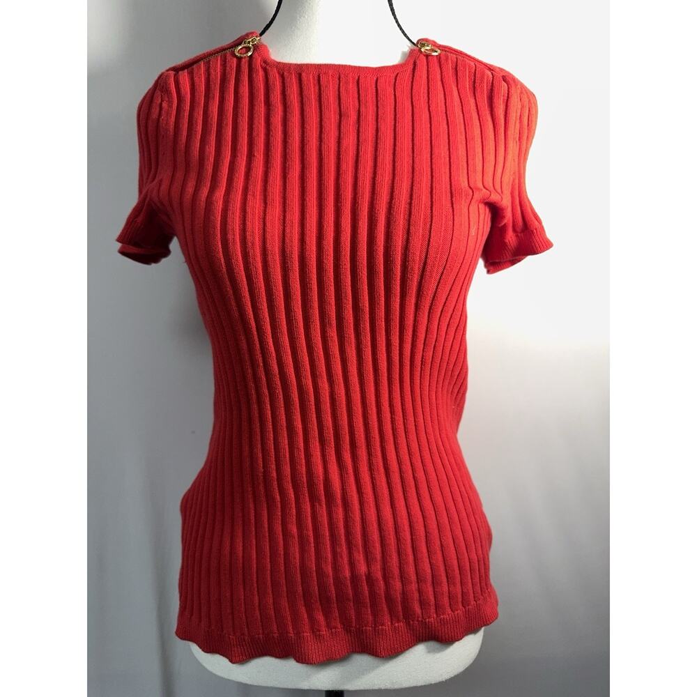 Lauren‎ Ralph Lauren Red Ribbed Knit Top Small Short Sleeve Gold Zipper